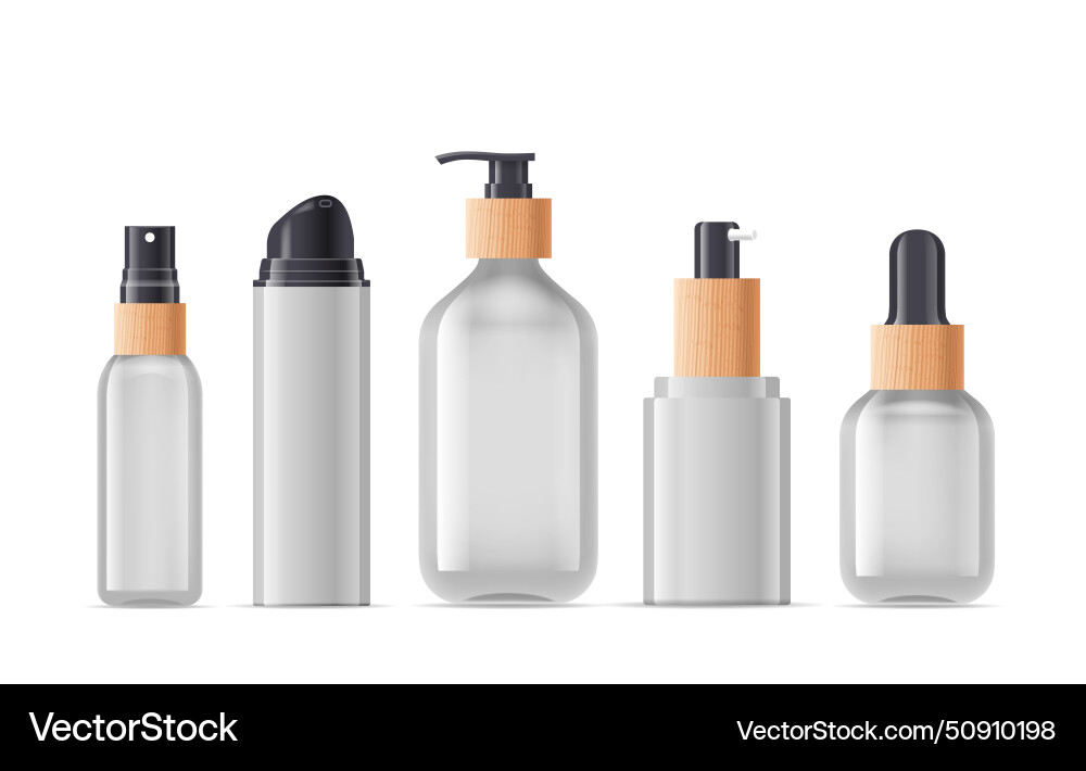 Cosmetics bottles stand in row realistic 3d vector image