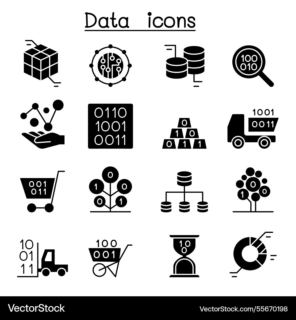 Database data and graph icon set in glyph style Database data and graph icon set in glyph style Vector Image