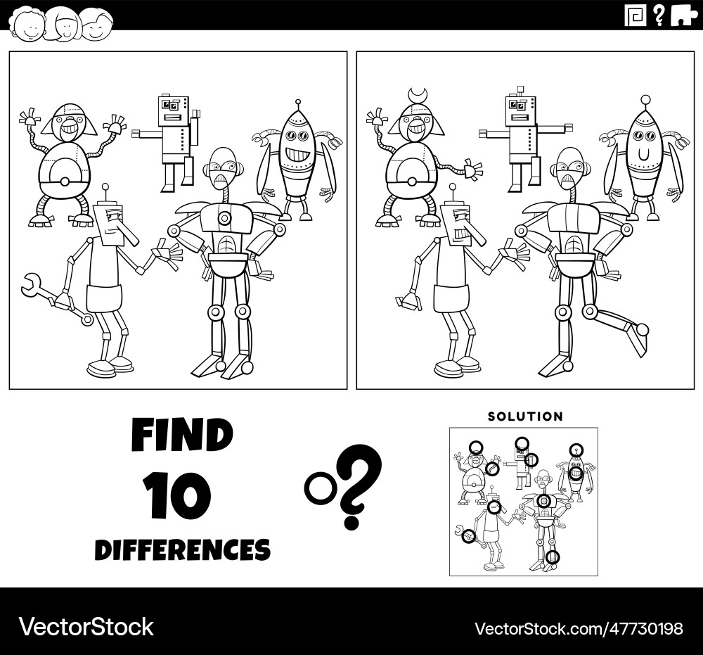 Differences game with cartoon robots coloring page Differences game with cartoon robots coloring page vector image