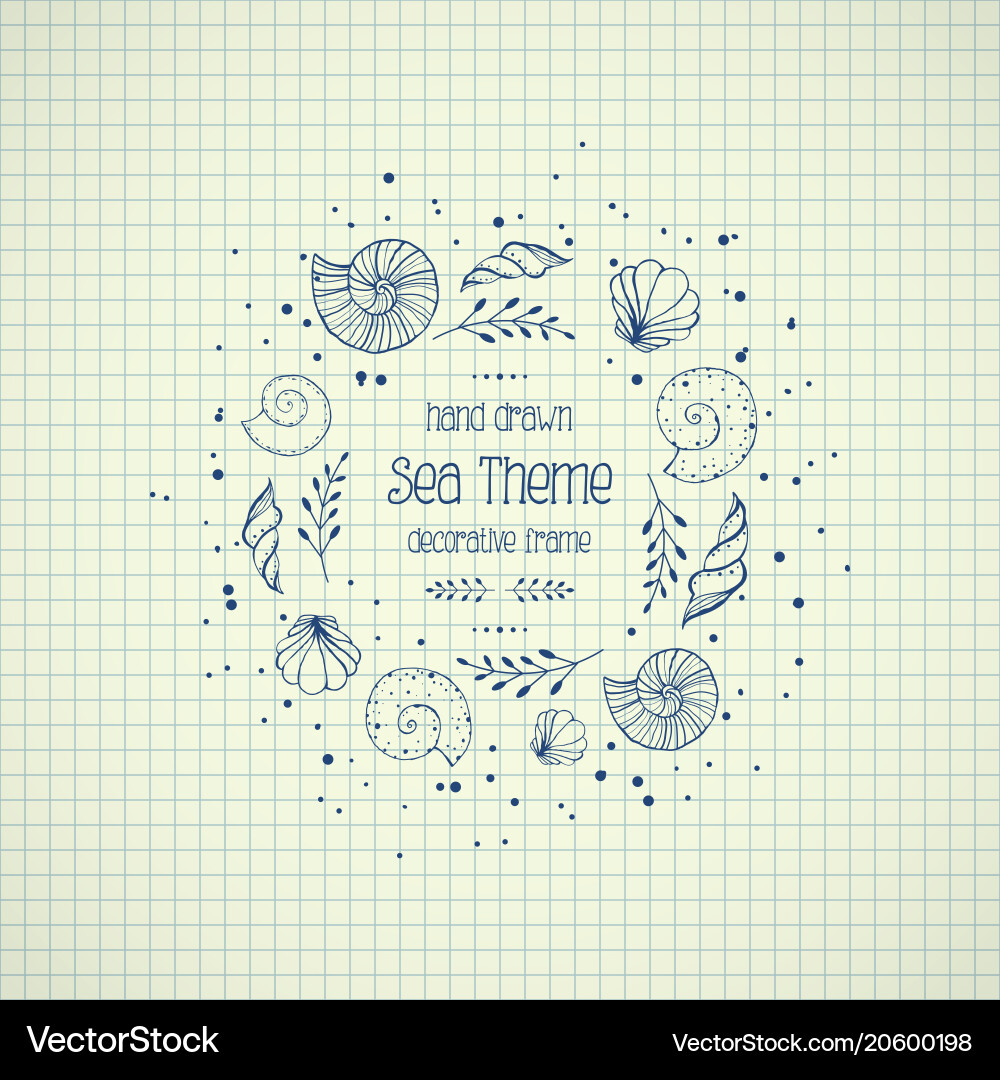 Frame with seashells in sketch style on paper vector image