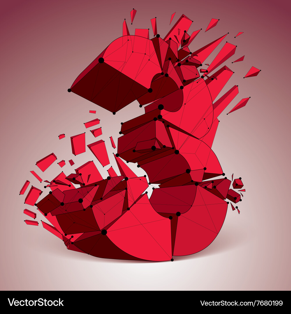 3d digital wireframe red number 3 broken Vector Image