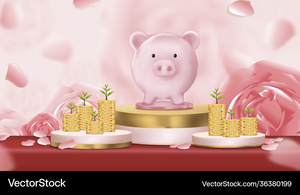 3d piggy bank and stack coin with tree on display 3d piggy bank and stack coin with tree on display vector image