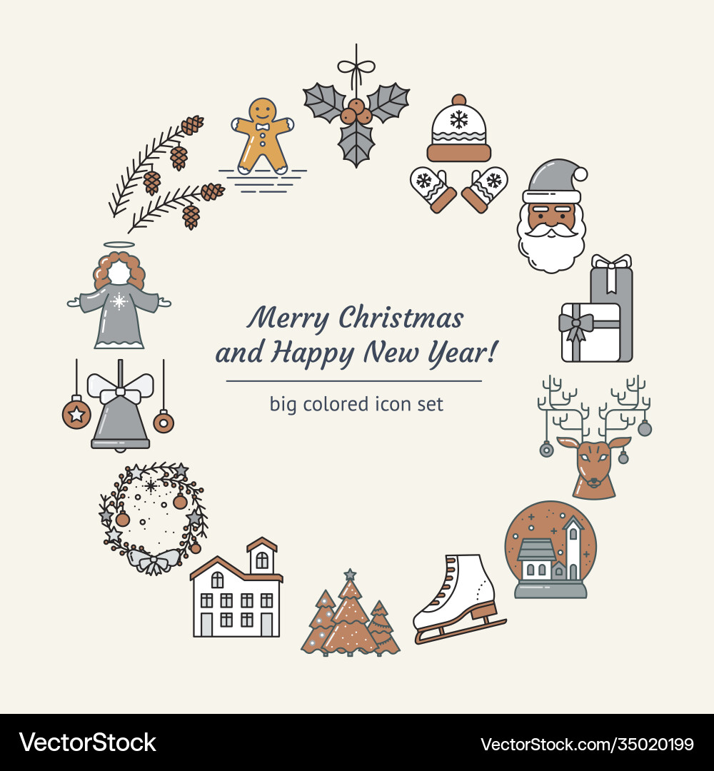 Christmas round set colored line art icons Christmas round set colored line art icons vector image