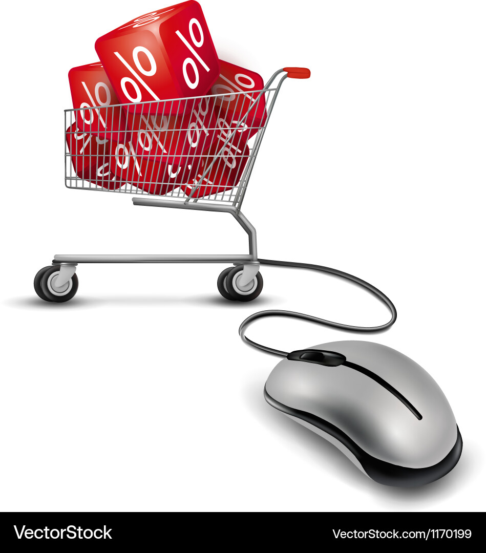 Computer mouse and a shopping cart with cube vector image