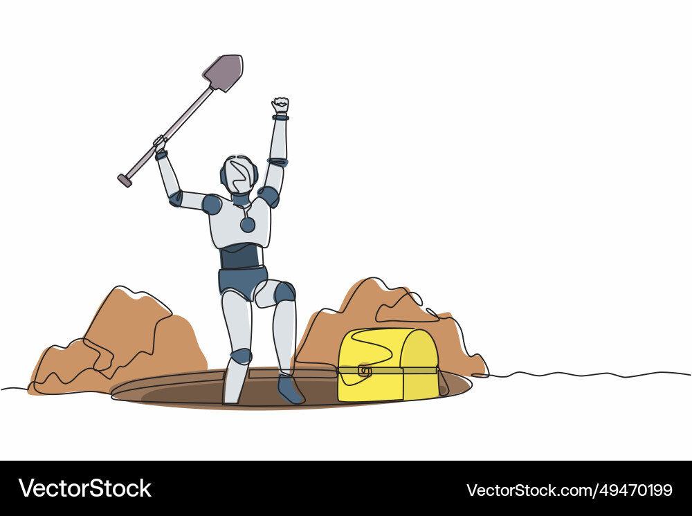 Continuous one line drawing happy robot lifting Continuous one line drawing happy robot lifting vector image