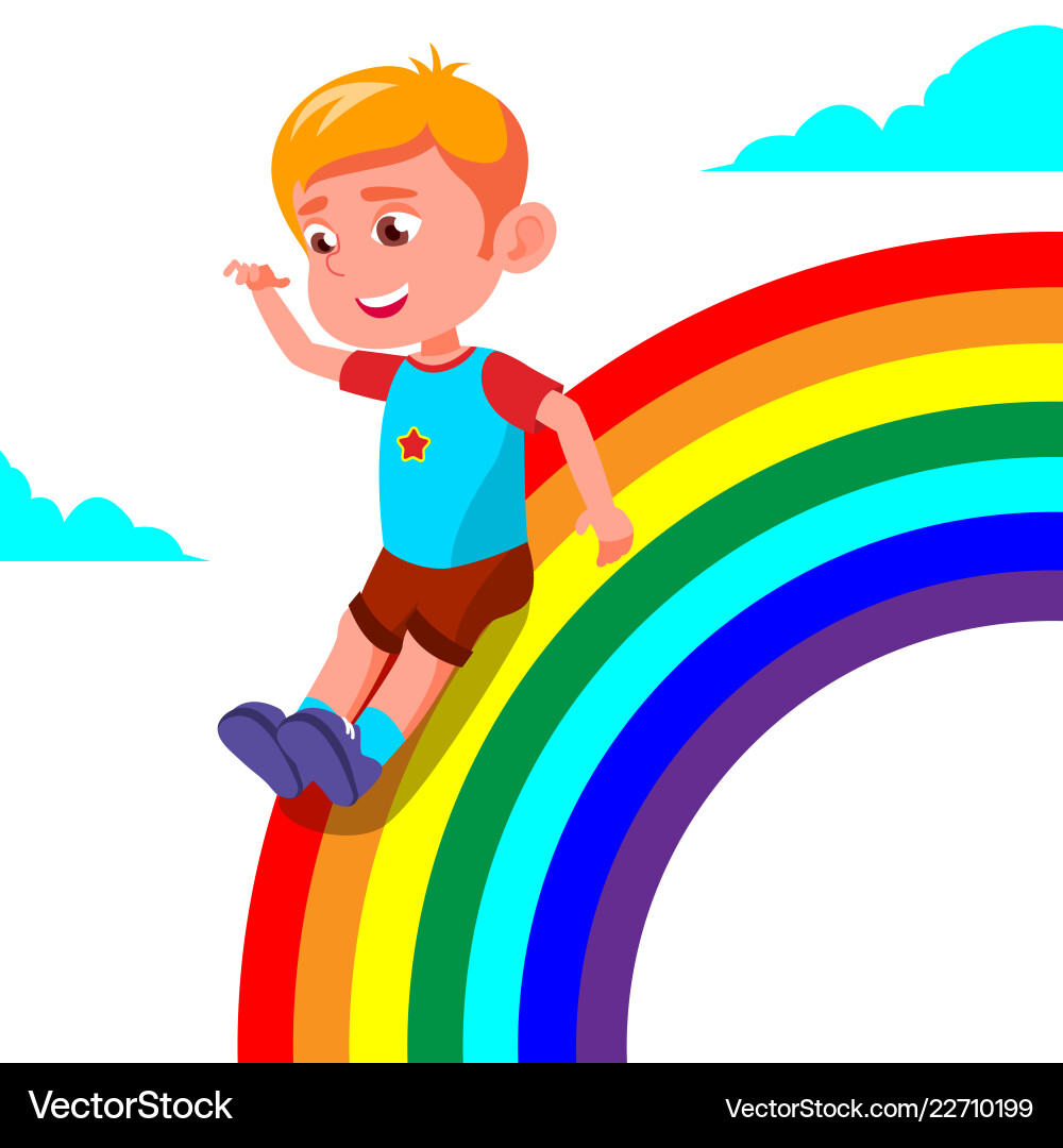 Happy child boy rolling down the rainbow Happy child boy rolling down the rainbow vector image