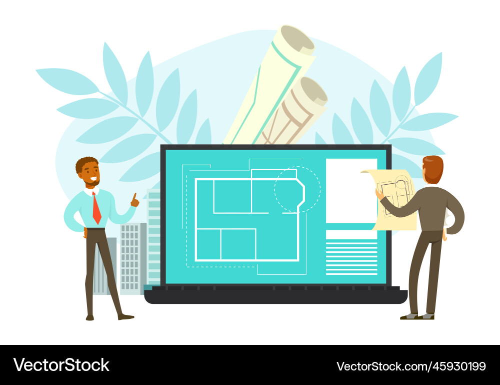 Man architect discussing project and blueprint Man architect discussing project and blueprint vector image