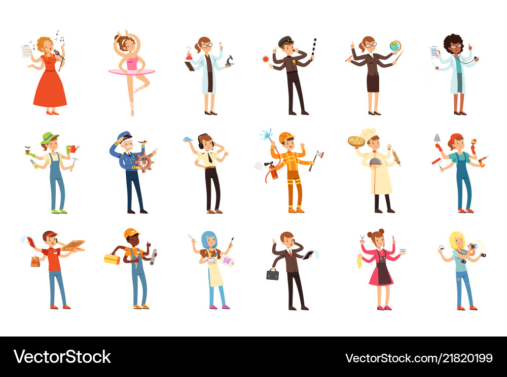 Multitasking people set with many hands workers Multitasking people set with many hands workers vector image