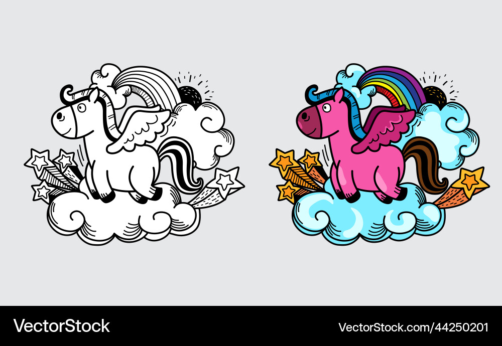 Isolated colorful and black white unicorn Vector Image