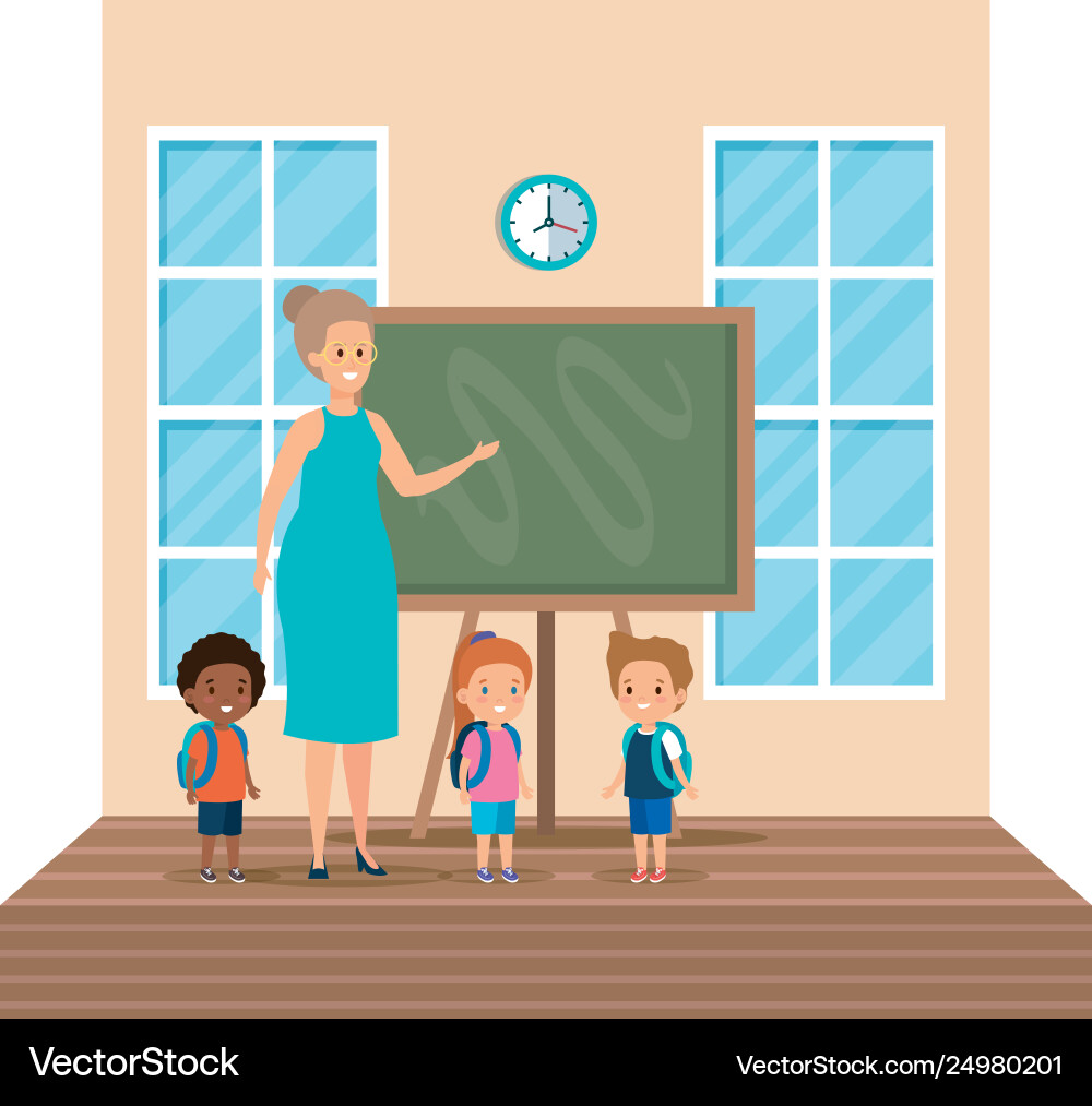 Lehrerin weiblich mit Schulklassen-Szene Lehrerin weiblich mit Schulklassen-Szene vektorbild