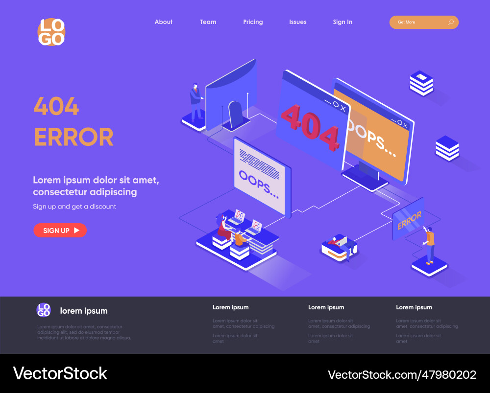 404 error isometric landing page design web vector image