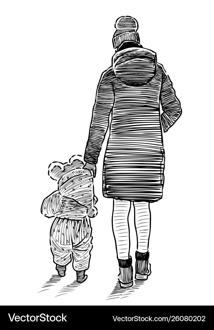 Sketch eine junge Mutter mit ihrem Kind gehen Vektorbild