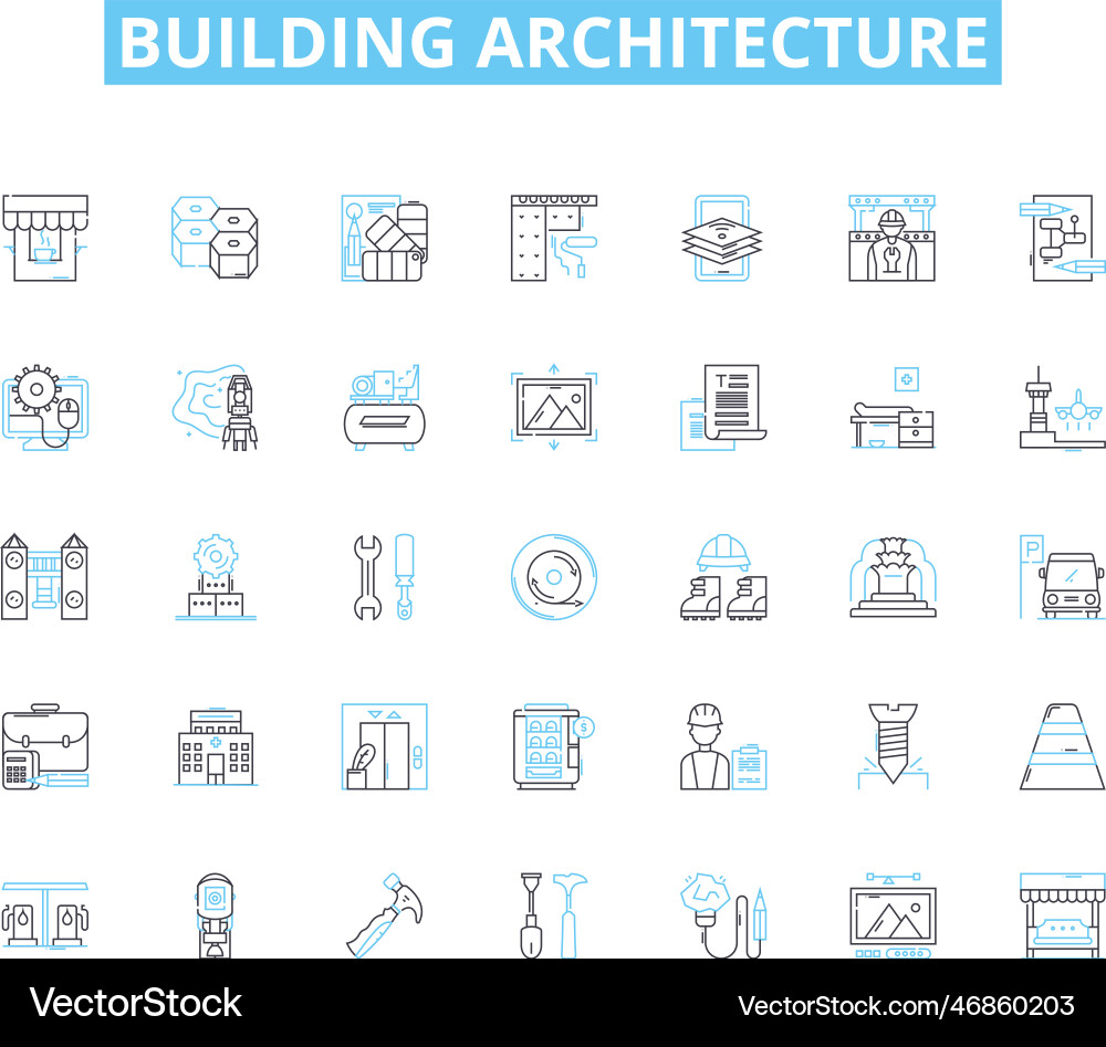 Bauarchitektur lineare Icons setzen Wolkenkratzer Vektorbild