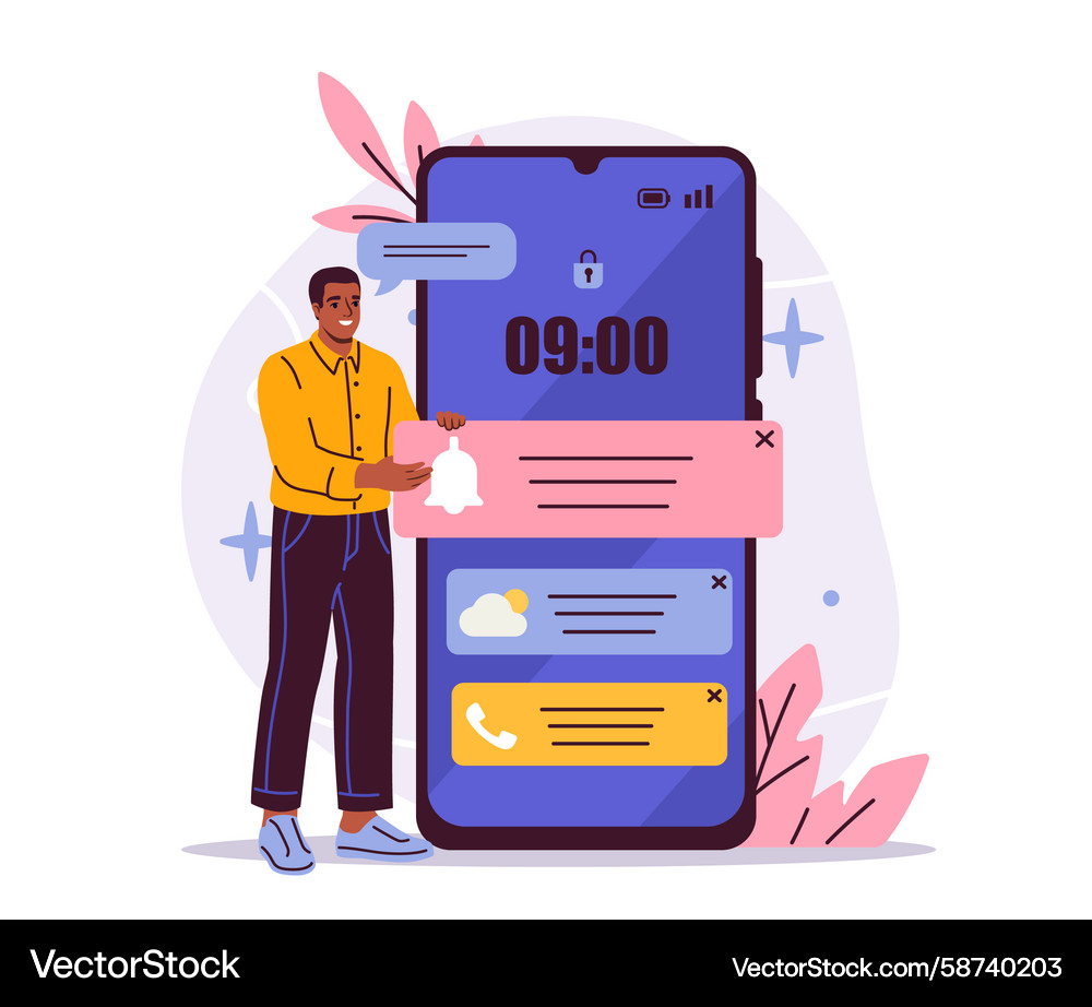 Man interacting with mobile notifications Vector Image