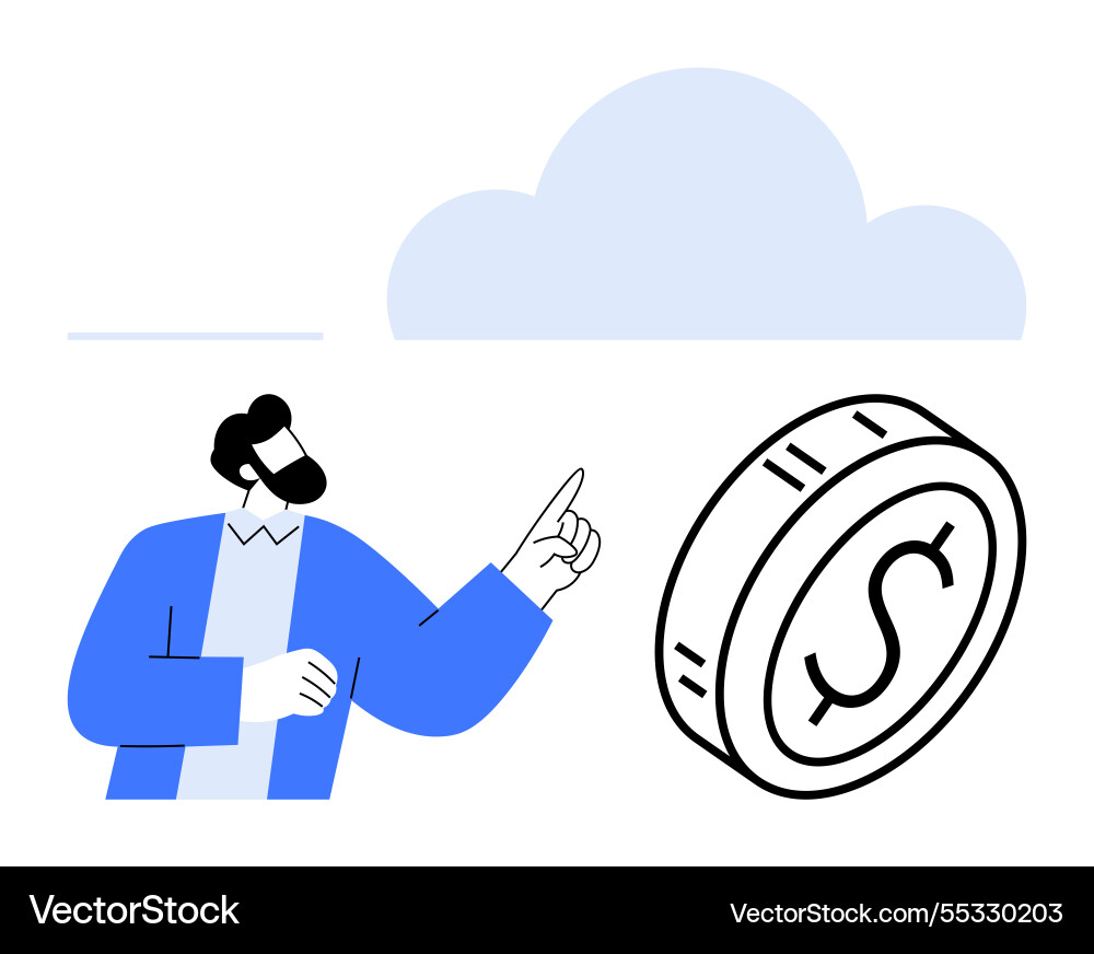 Man pointing at dollar coin under soft cloud Man pointing at dollar coin under soft cloud vector image