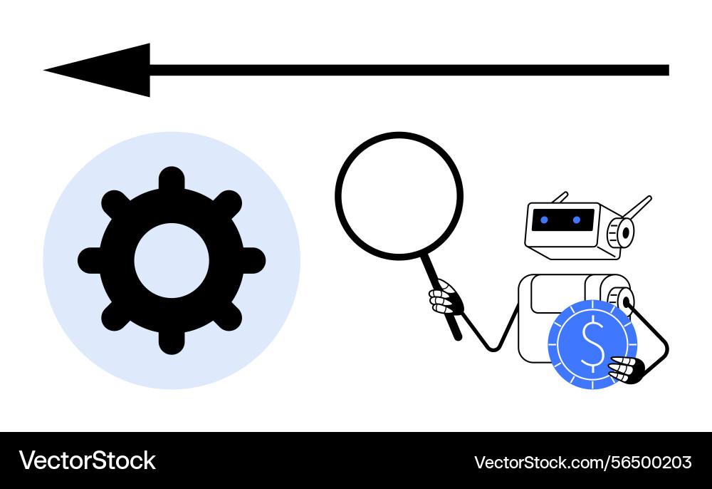 Robot analyzing financial data with magnifying Robot analyzing financial data with magnifying vector image