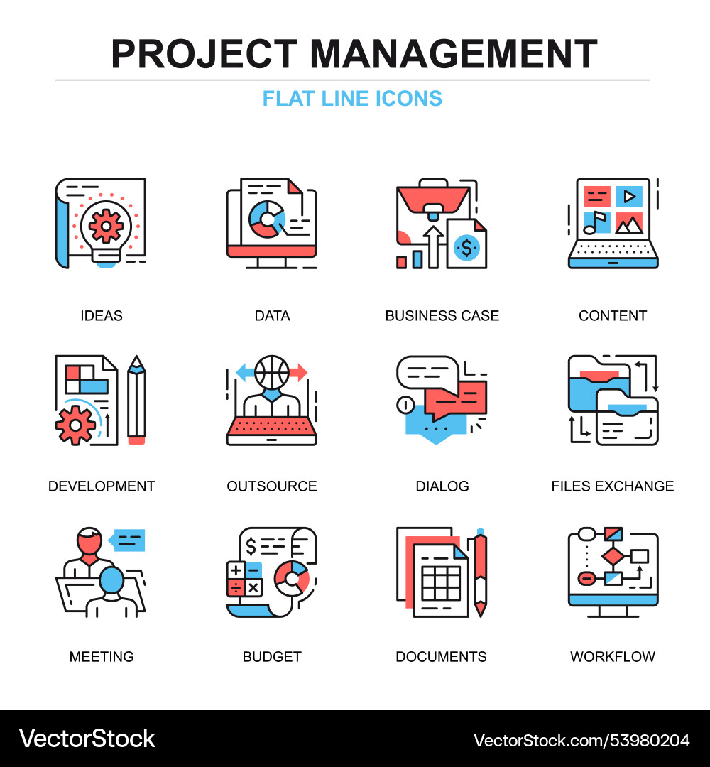 Flat line project management icons concepts set Flat line project management icons concepts set vector image