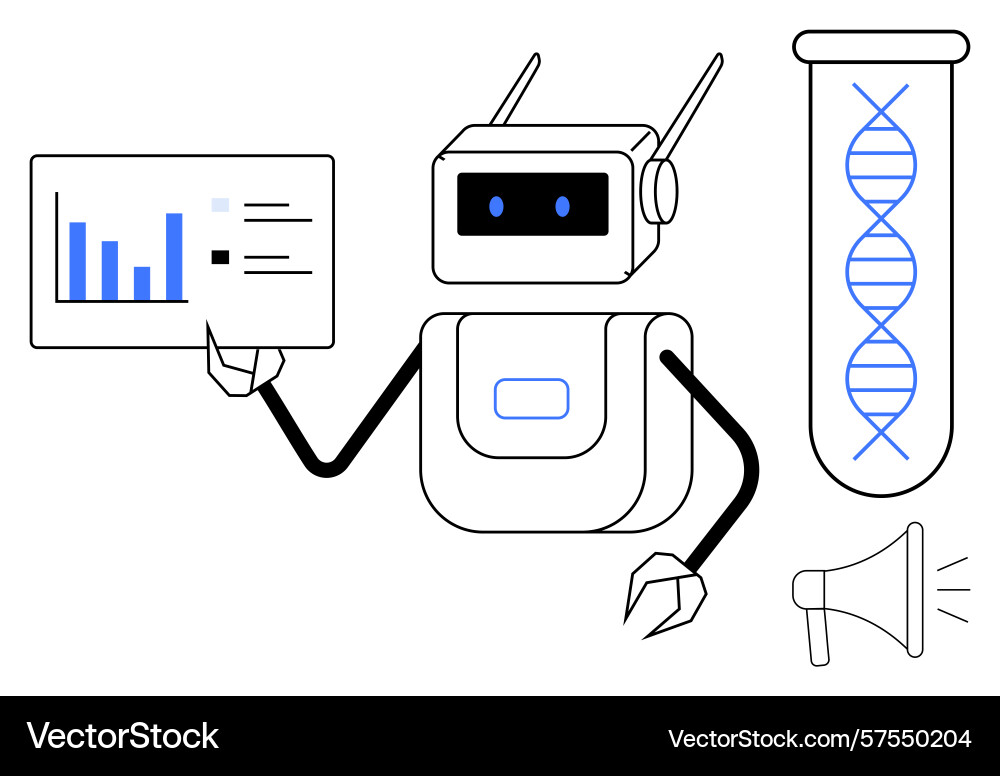 Robot presenting data insights with dna strand Robot presenting data insights with dna strand vector image