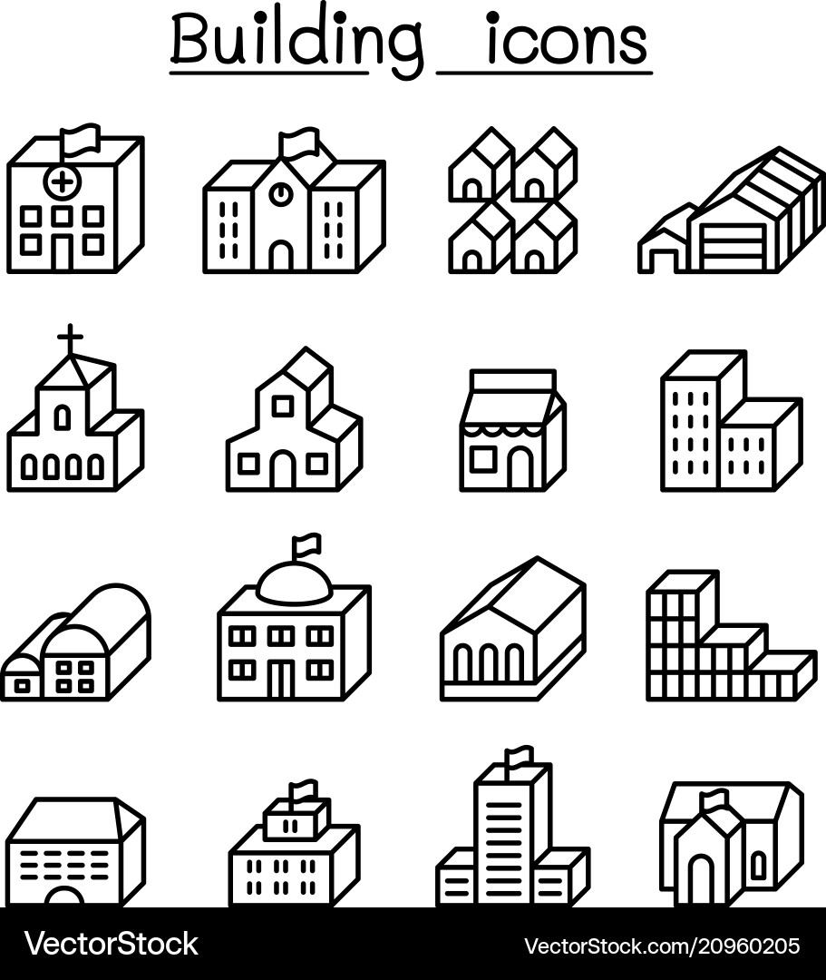 3D Building Icon Set - Thin Line Style vector image