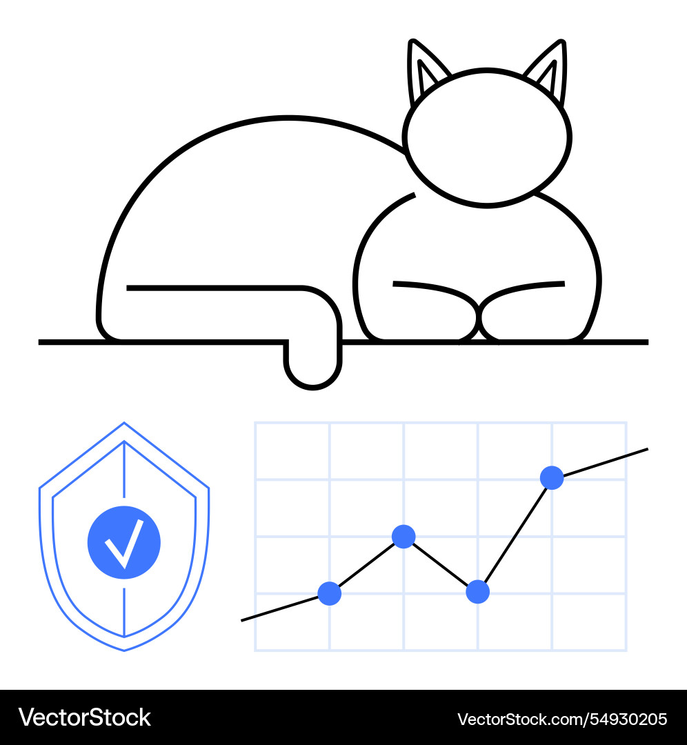 Cat resting with growth chart and security shield vector image