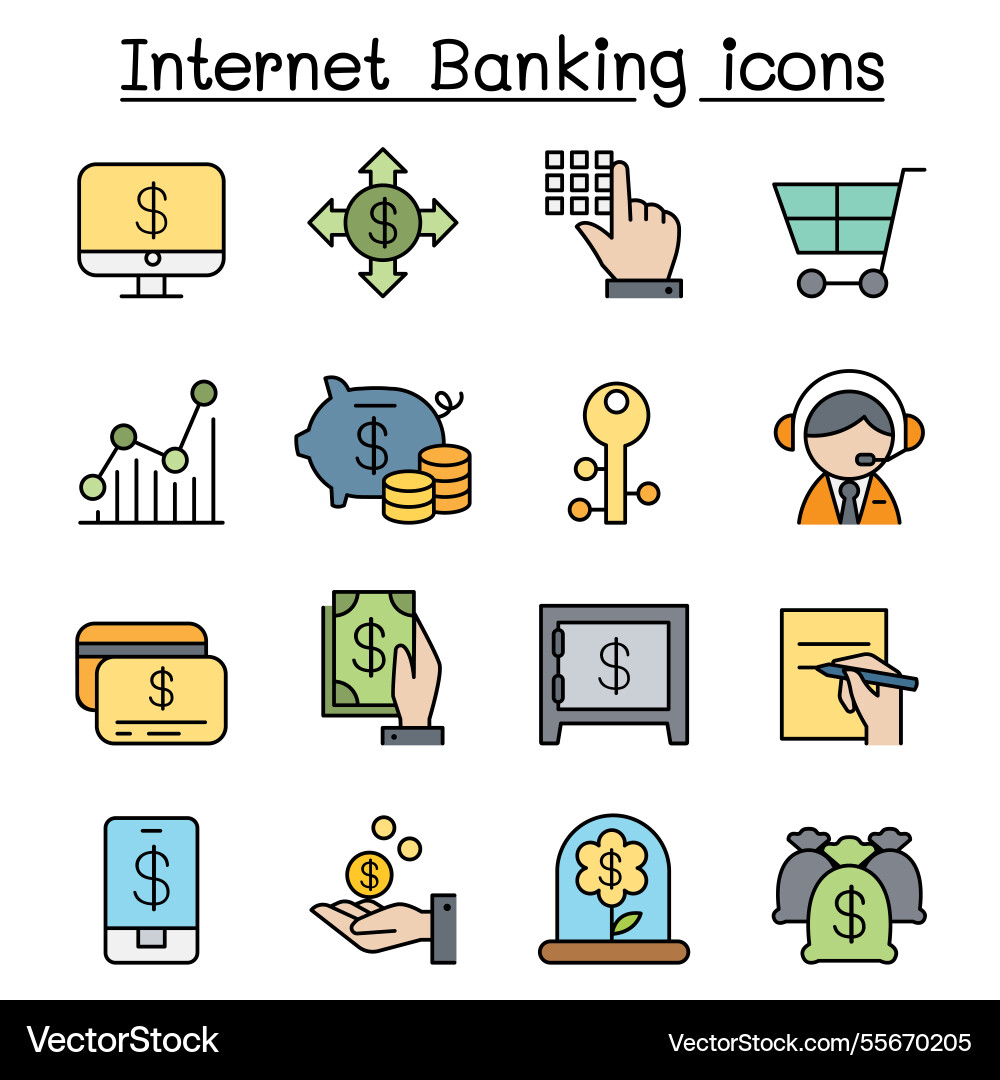Internet banking icon set in color line style Internet banking icon set in color line style vector image