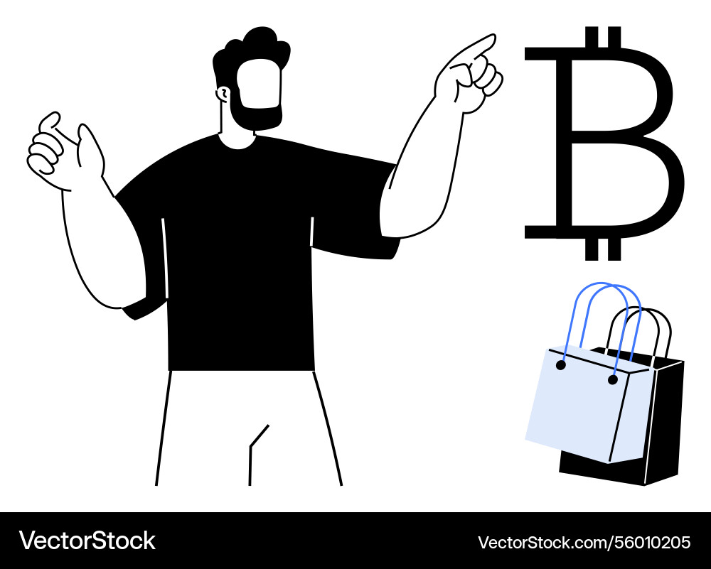 Man pointing towards bitcoin symbol and shopping Man pointing towards bitcoin symbol and shopping vector image