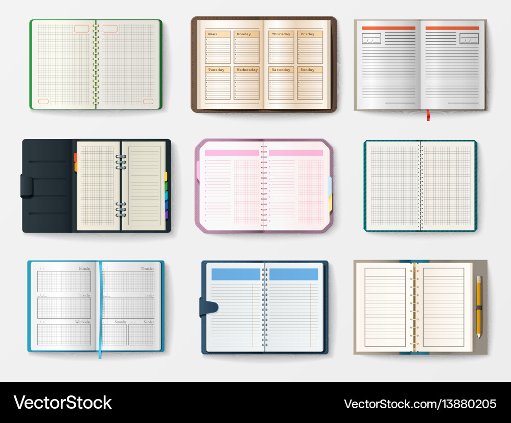 Set of open realistic notebooks with pages diary Set of open realistic notebooks with pages diary Vector Image