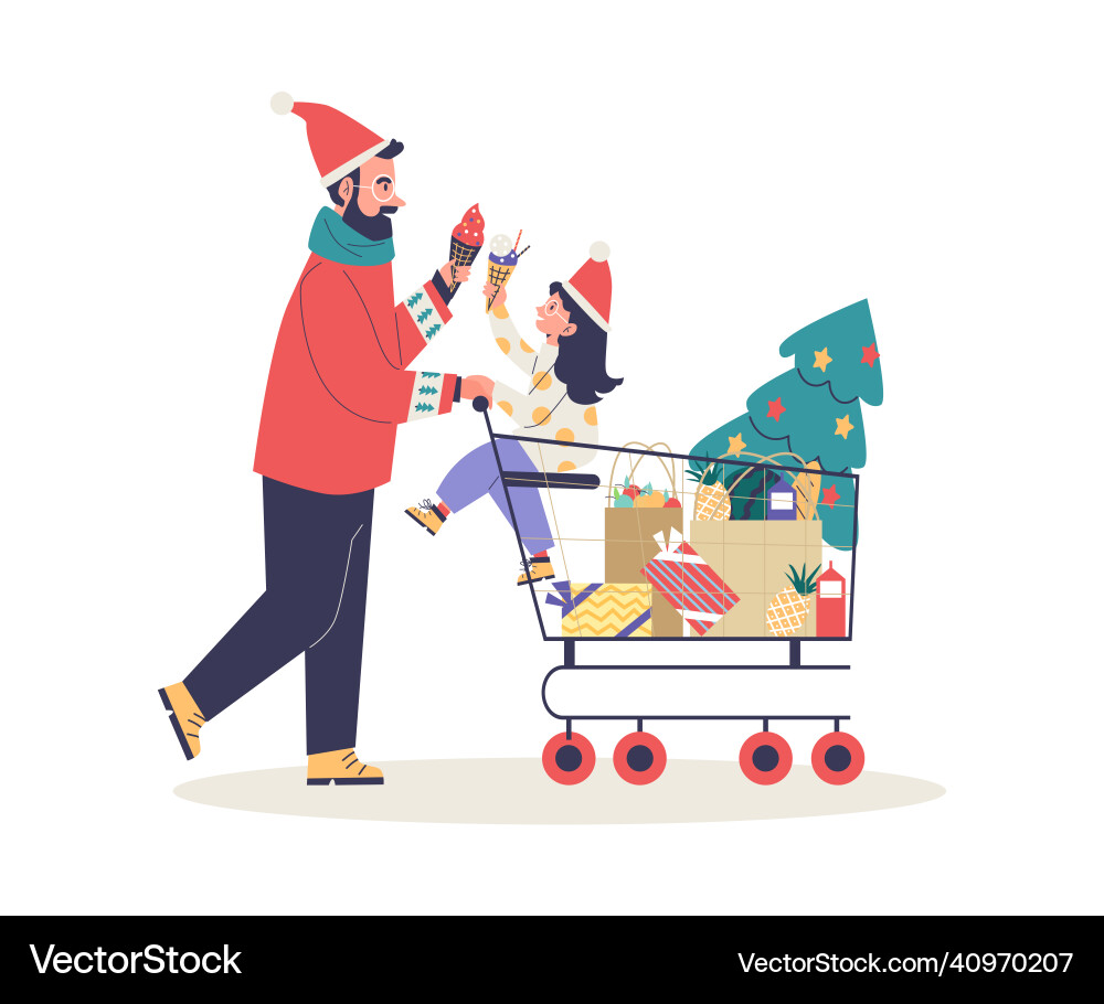 Father and child shopping for christmas flat Father and child shopping for christmas flat vector image