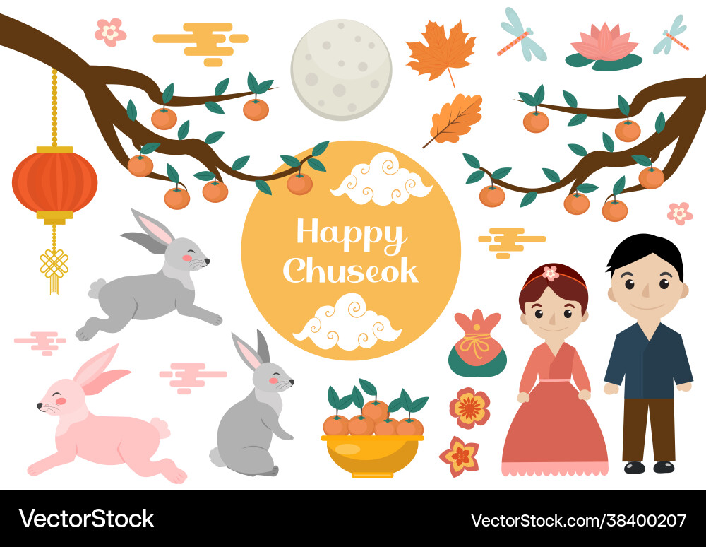 Happy chuseok set objects mid autumn festival Happy chuseok set objects mid autumn festival vector image