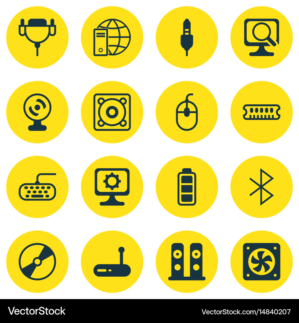 Set of 16 computer hardware icons includes router vector image
