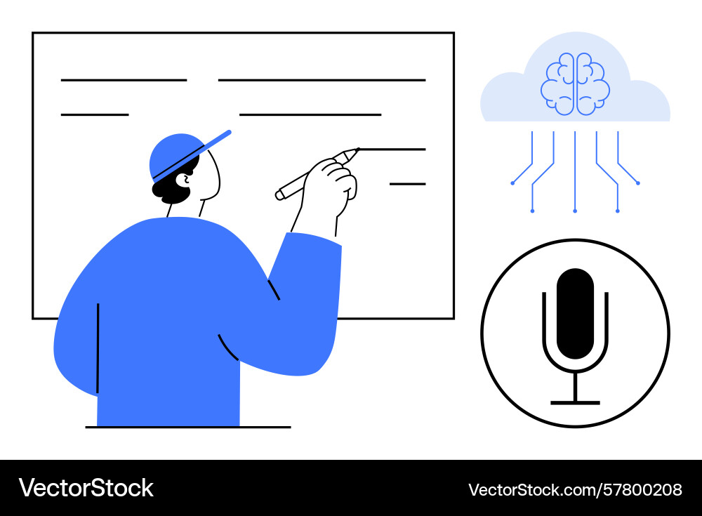 Man writing on board with ai brain and microphone Man writing on board with ai brain and microphone vector image