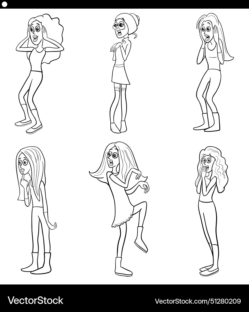 Cartoon Surprised Young Women Set Coloring Page Vector Image