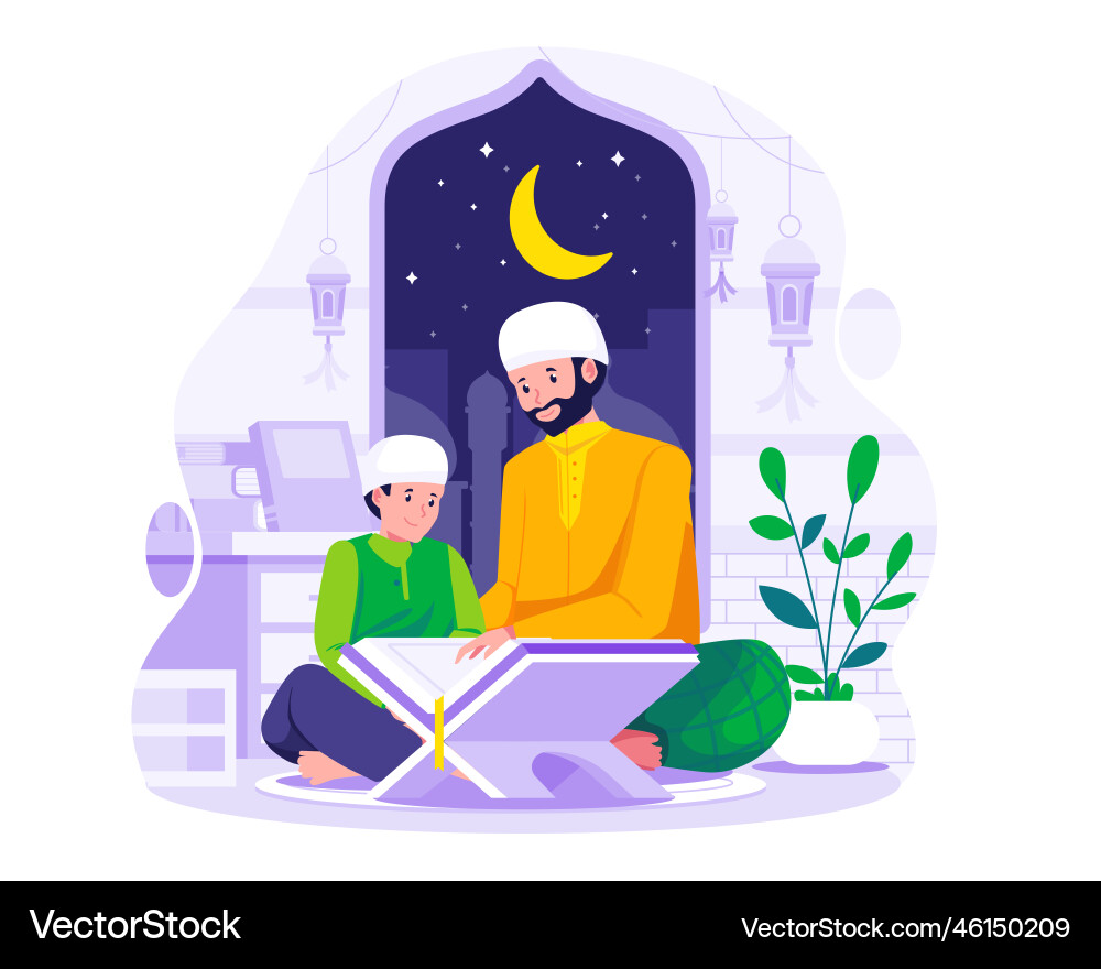 Ein muslimischer Vater lehrt seinen Sohn zu lesen quran Ein muslimischer Vater lehrt seinen Sohn zu lesen quran vektorbild