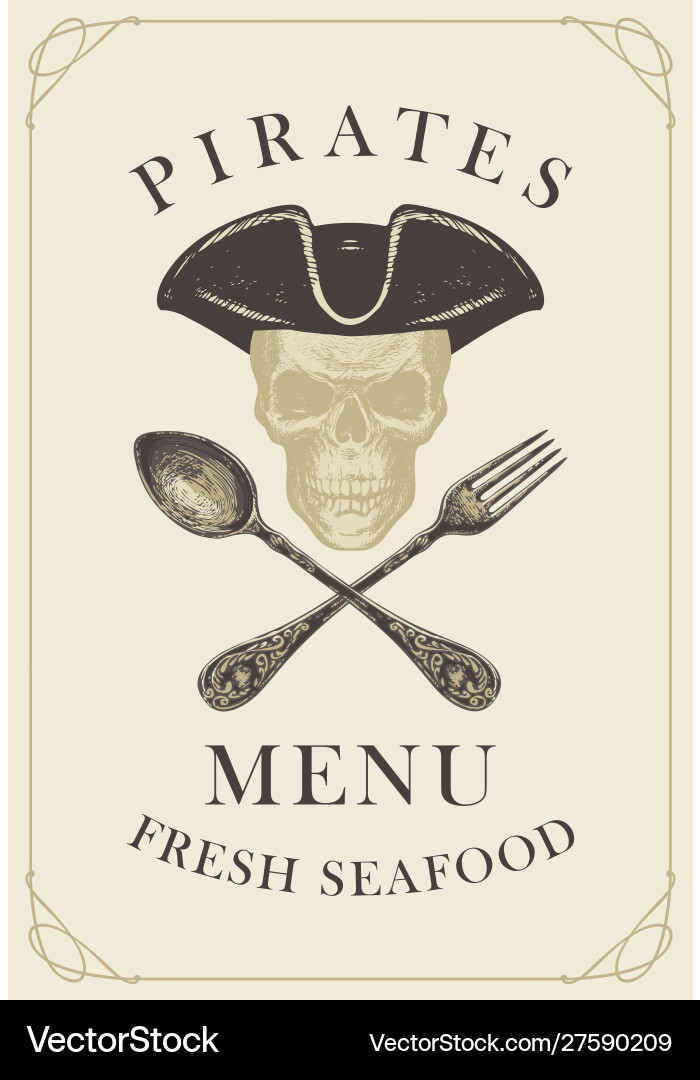 Menu with pirate skull a spoon and fork Menu with pirate skull a spoon and fork Vector Image
