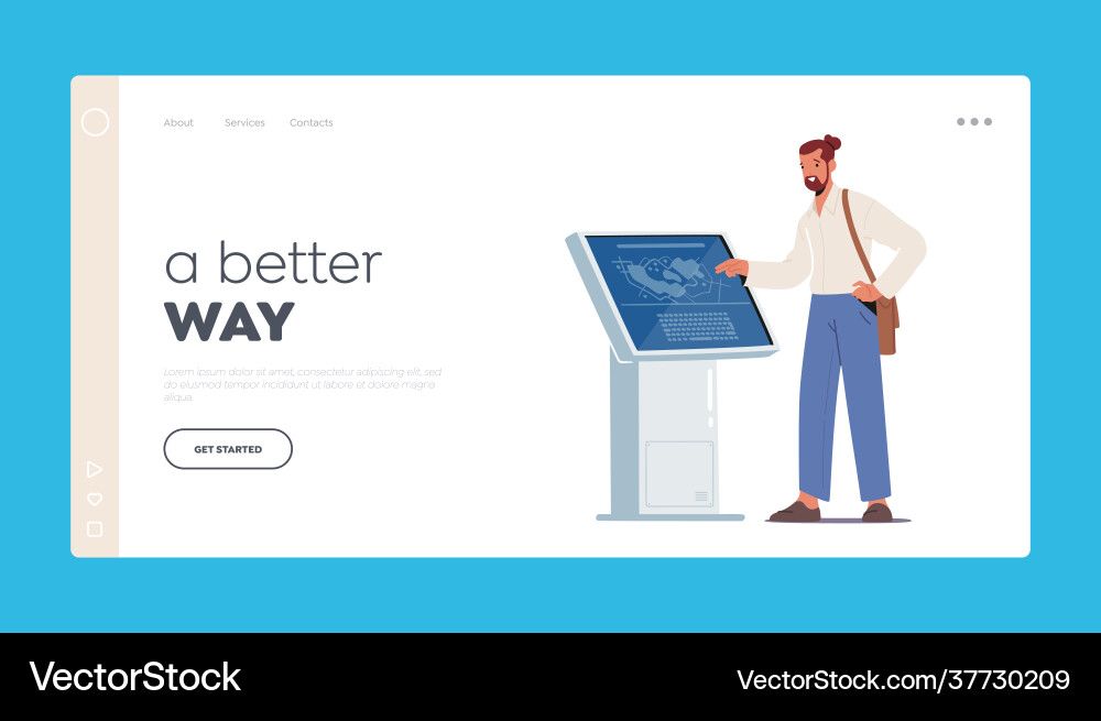 Männlicher Charakter mit Info Kiosk Landingpage Männlicher Charakter mit Info Kiosk Landingpage vektorbild