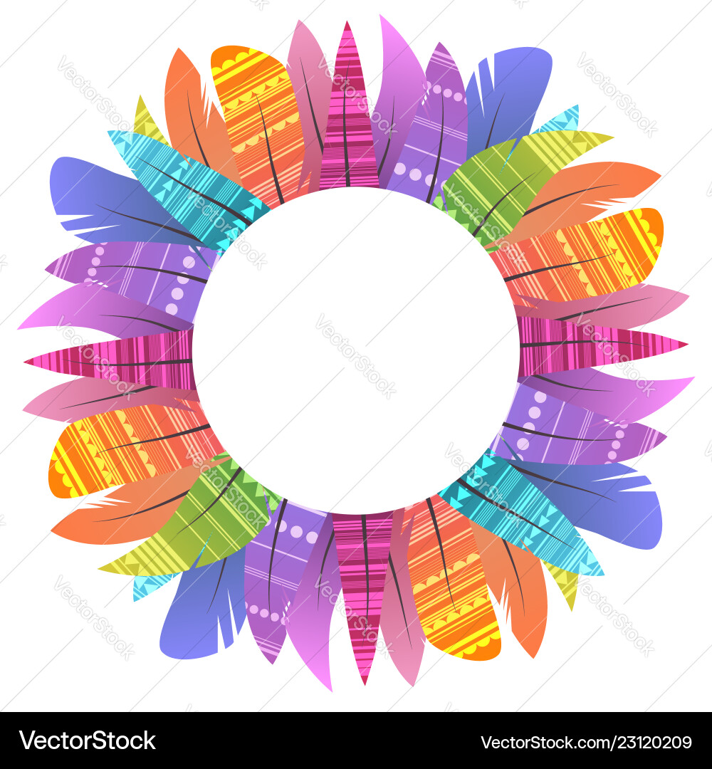 Round frame with multicolored boho feathers Round frame with multicolored boho feathers vector image