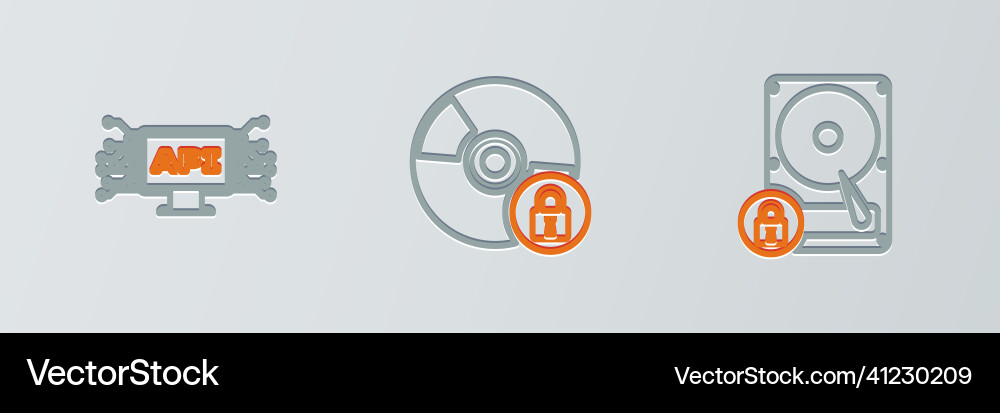 Set line hard disk drive and lock computer api vector image