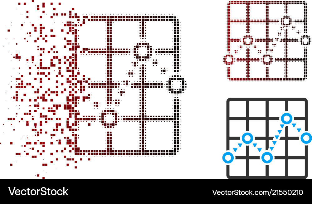 Fractured pixel halftone dotted line grid plot Vector Image