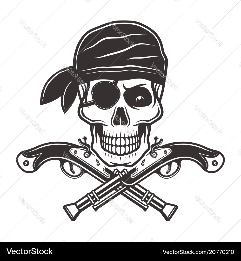 Pirate skull in bandana and two crossed pistols Pirate skull in bandana and two crossed pistols vector image