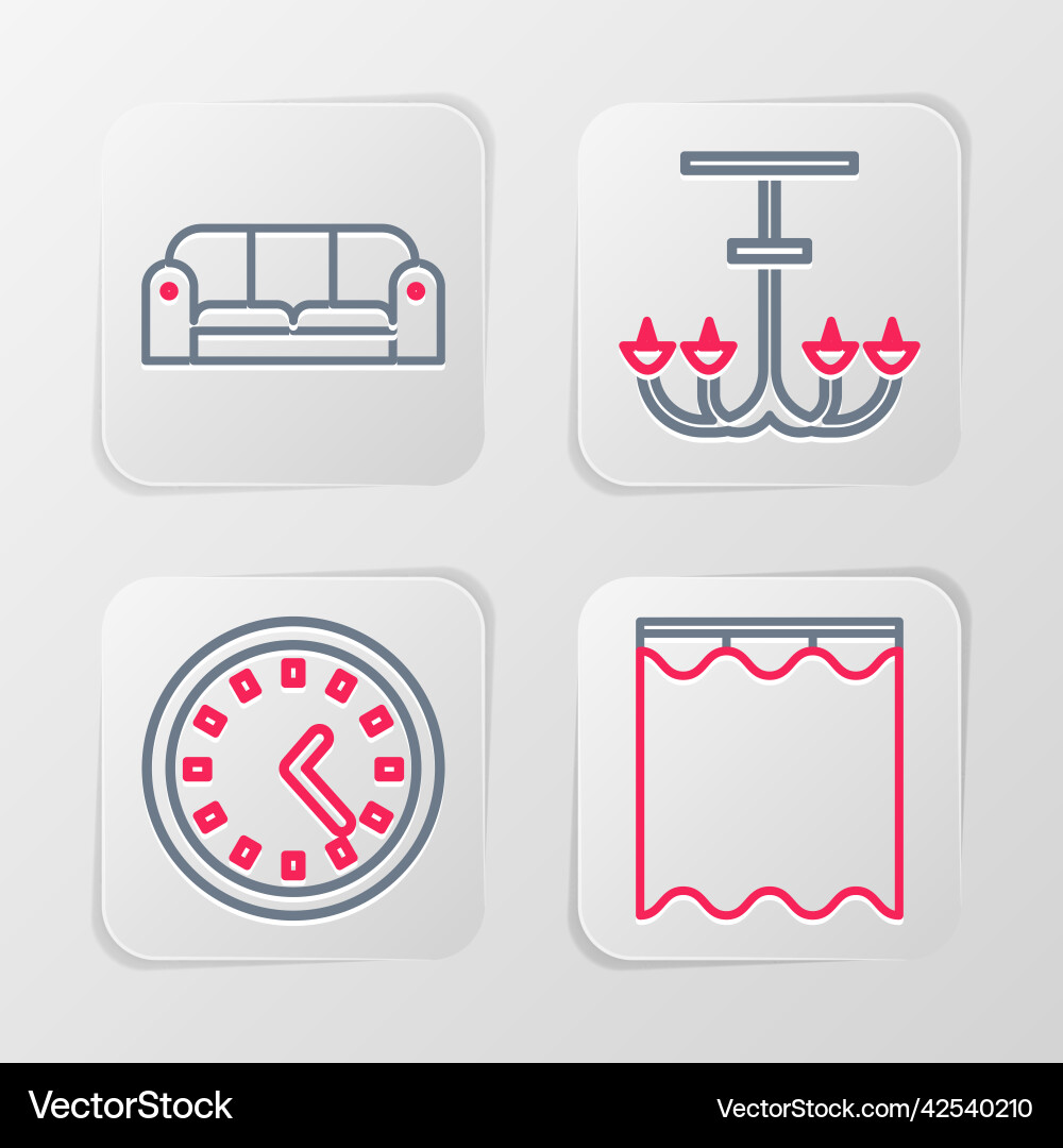 Set line curtains clock chandelier and sofa icon Set line curtains clock chandelier and sofa icon vector image