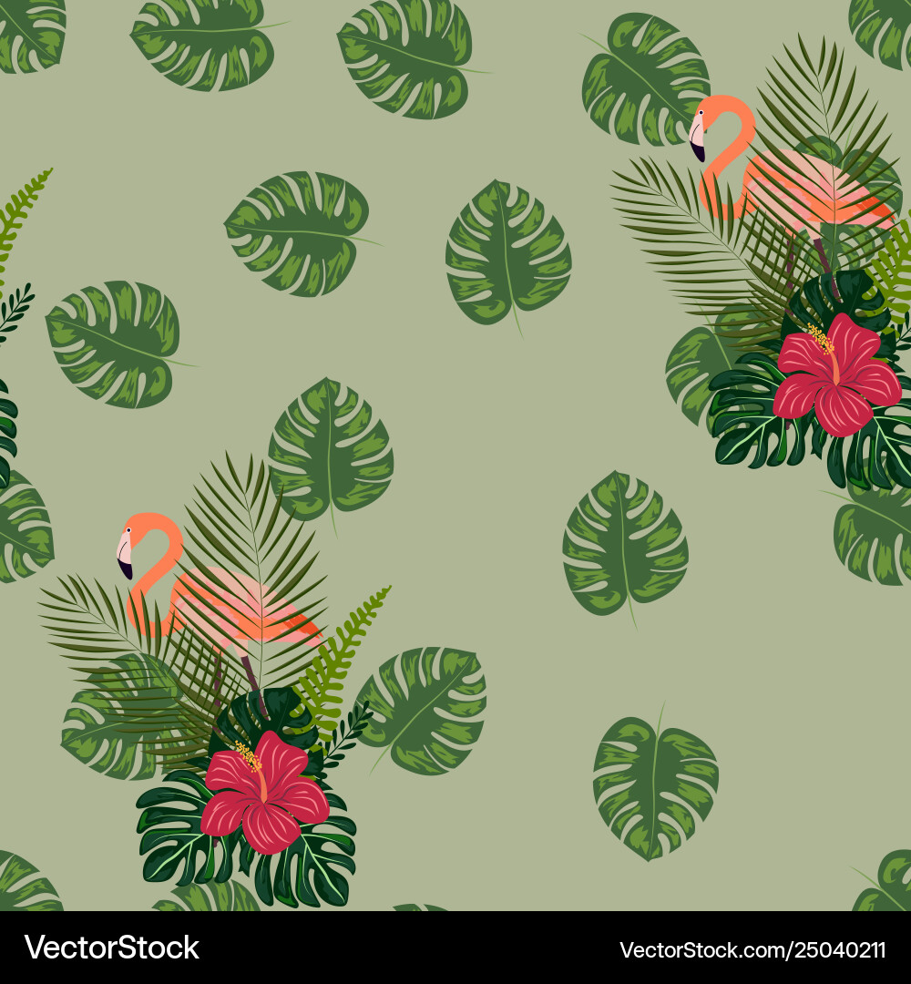 Flamingo tropical flower leaves seamless pattern Flamingo tropical flower leaves seamless pattern vector image