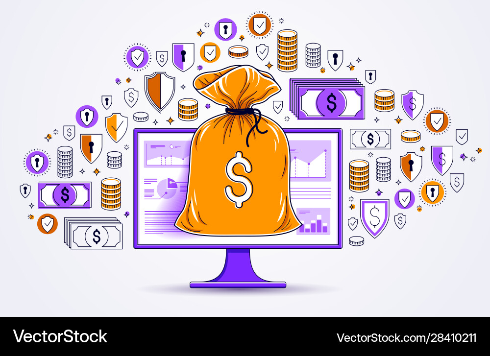 Geldbeutel über Computermonitor und Dollar-Symbole Vektorbild
