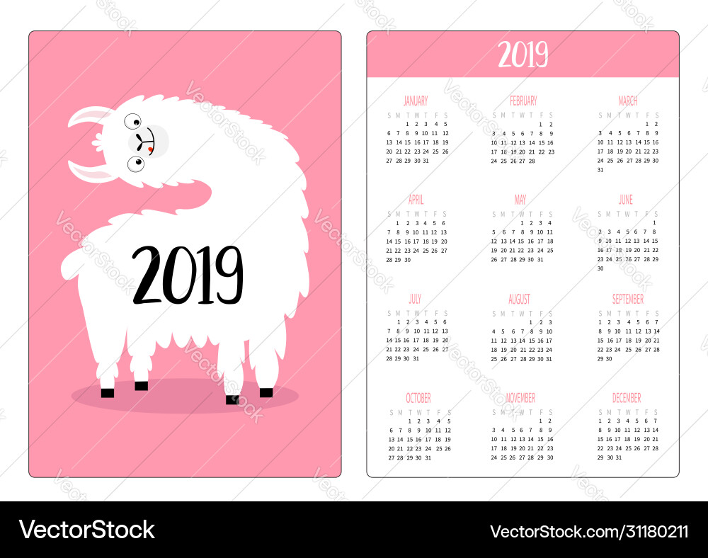 Llama alpaca turning head simple pocket calendar Vector Image