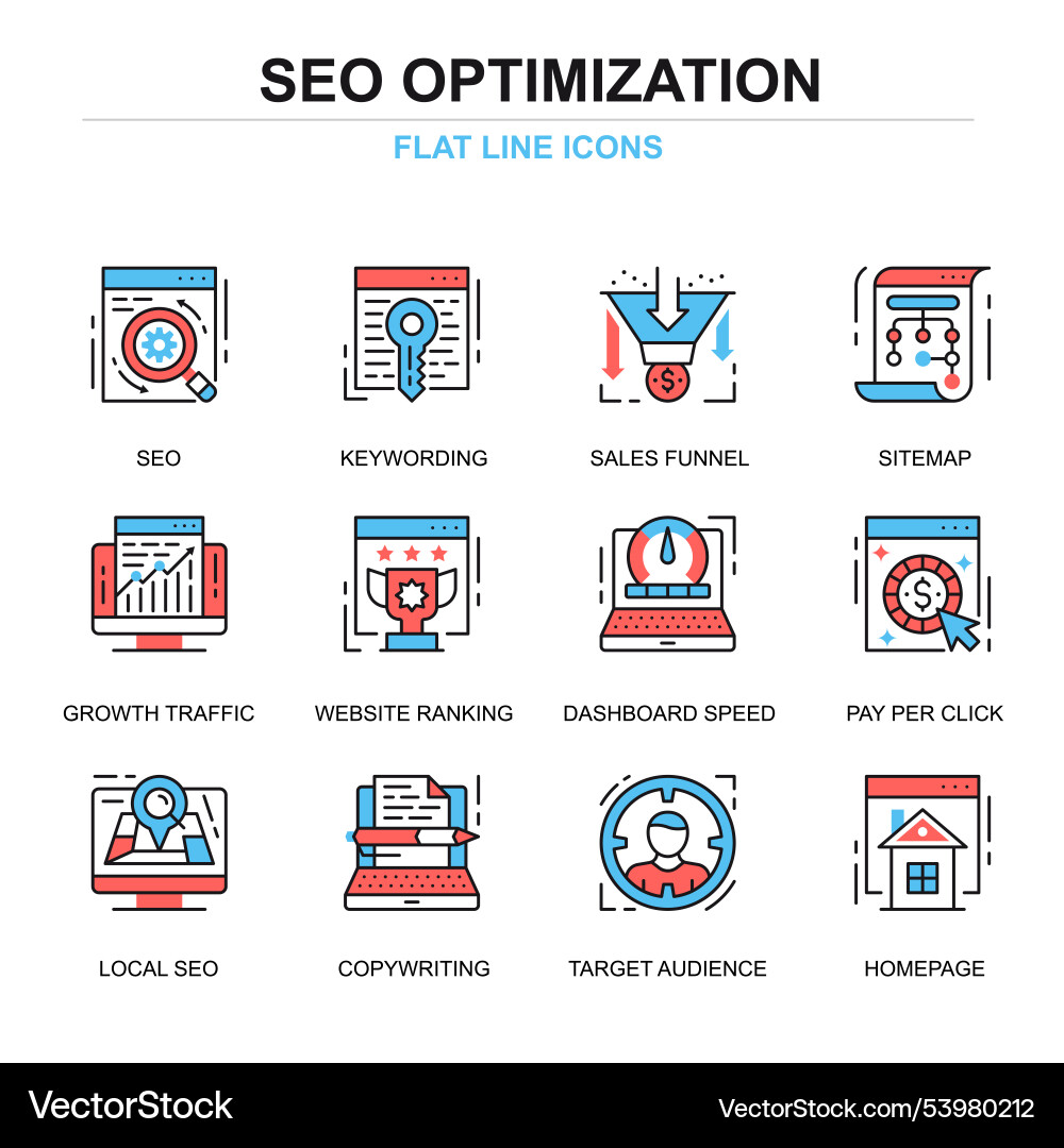 Flat line seo optimization icons concepts set vector image