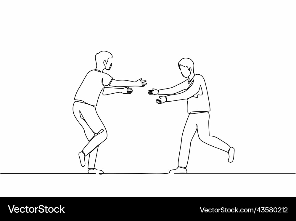 Single continuous line drawing two happy guys run Single continuous line drawing two happy guys run vector image
