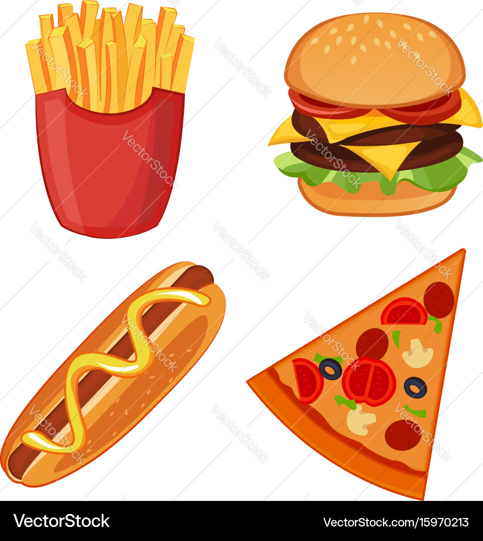 Colorful icons with fast food meals isolated set Vector Image