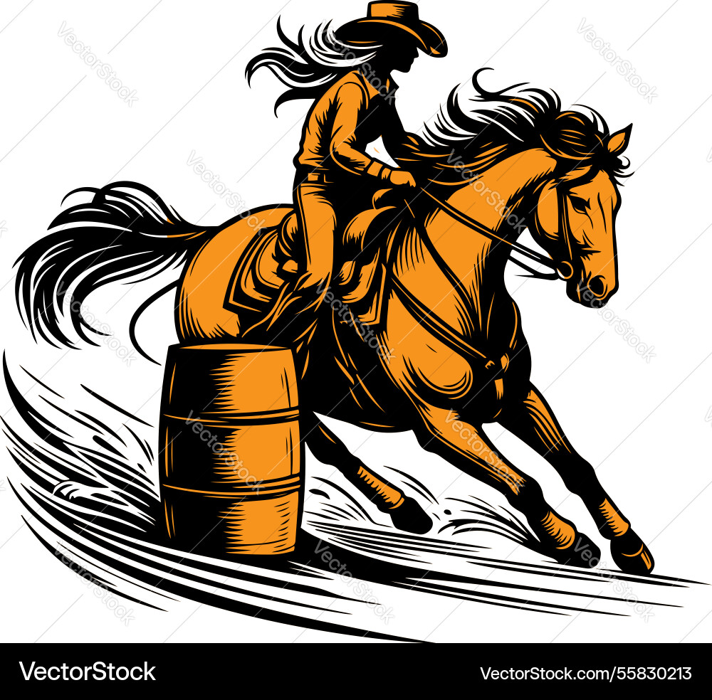 Ein Cowgirl Reiten Pferd in Lauf-Renn-Kompet Ein Cowgirl Reiten Pferd in Lauf-Renn-Kompet vektorbild