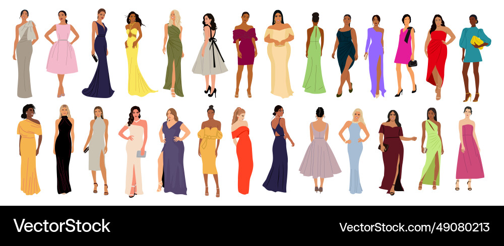Set of diverse beautiful women in evening dress Set of diverse beautiful women in evening dress vector image