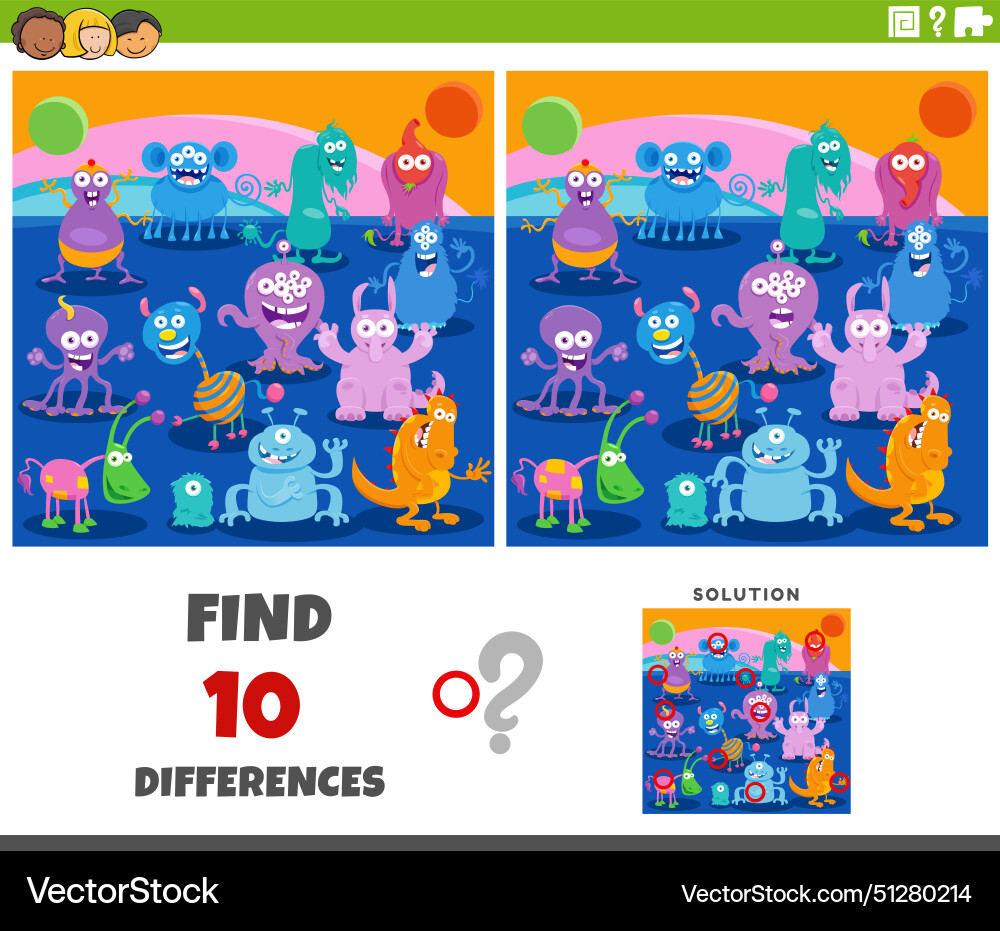 Differences game with cartoon aliens characters Vector Image
