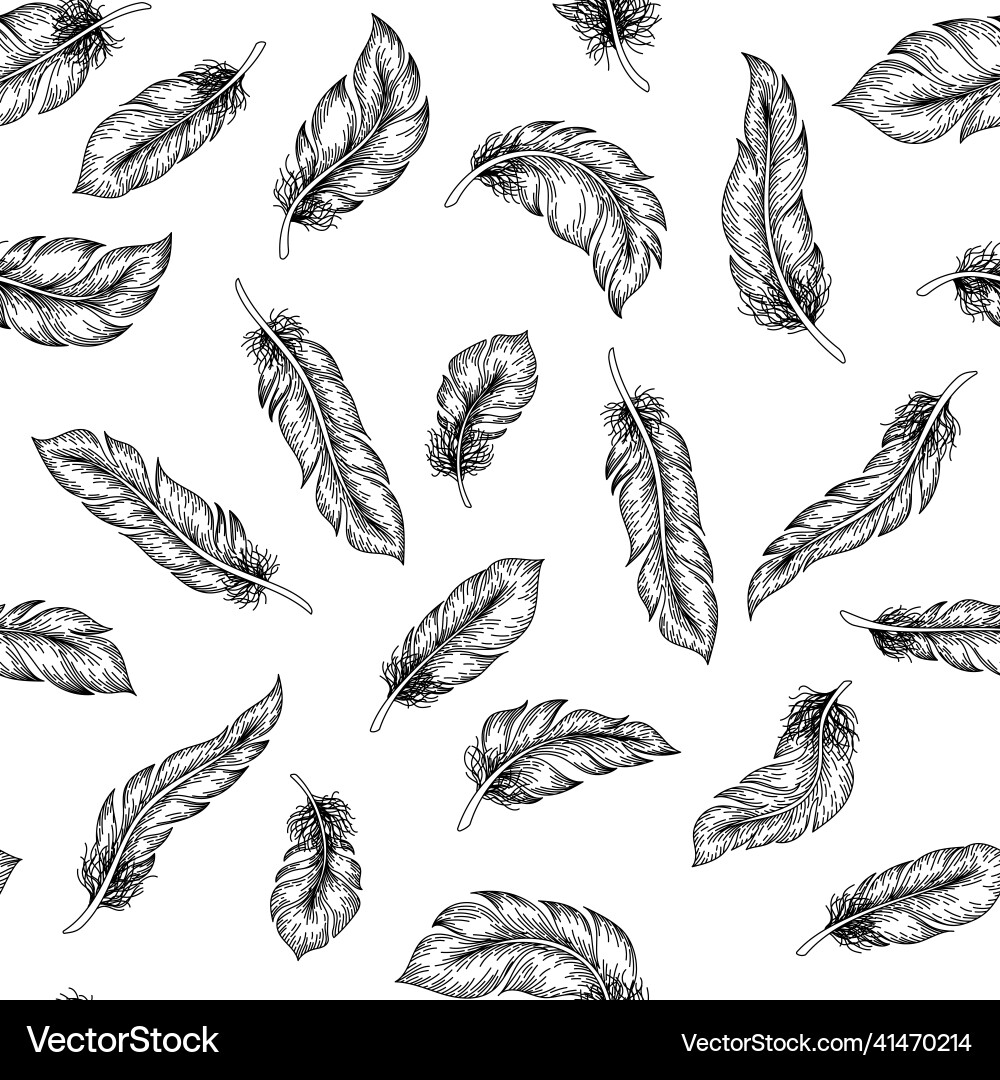 Feather sketch pattern seamless print with hand vector image